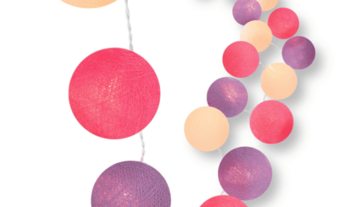 LED Kinderzimmer-Lichterkette mit Kugeln in Creme, Violett und Pink – warmweißes Licht, mit USB-Stecker, Timer und Dimmer, ideal für Babyzimmer oder als bunte Wanddeko im Wohnzimmer und Schlafzimmer.