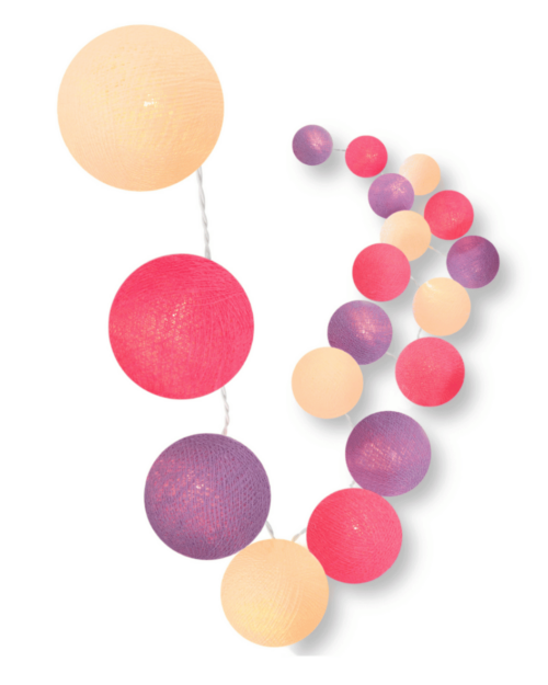 LED Kinderzimmer-Lichterkette mit Kugeln in Creme, Violett und Pink – warmweißes Licht, mit USB-Stecker, Timer und Dimmer, ideal für Babyzimmer oder als bunte Wanddeko im Wohnzimmer und Schlafzimmer.