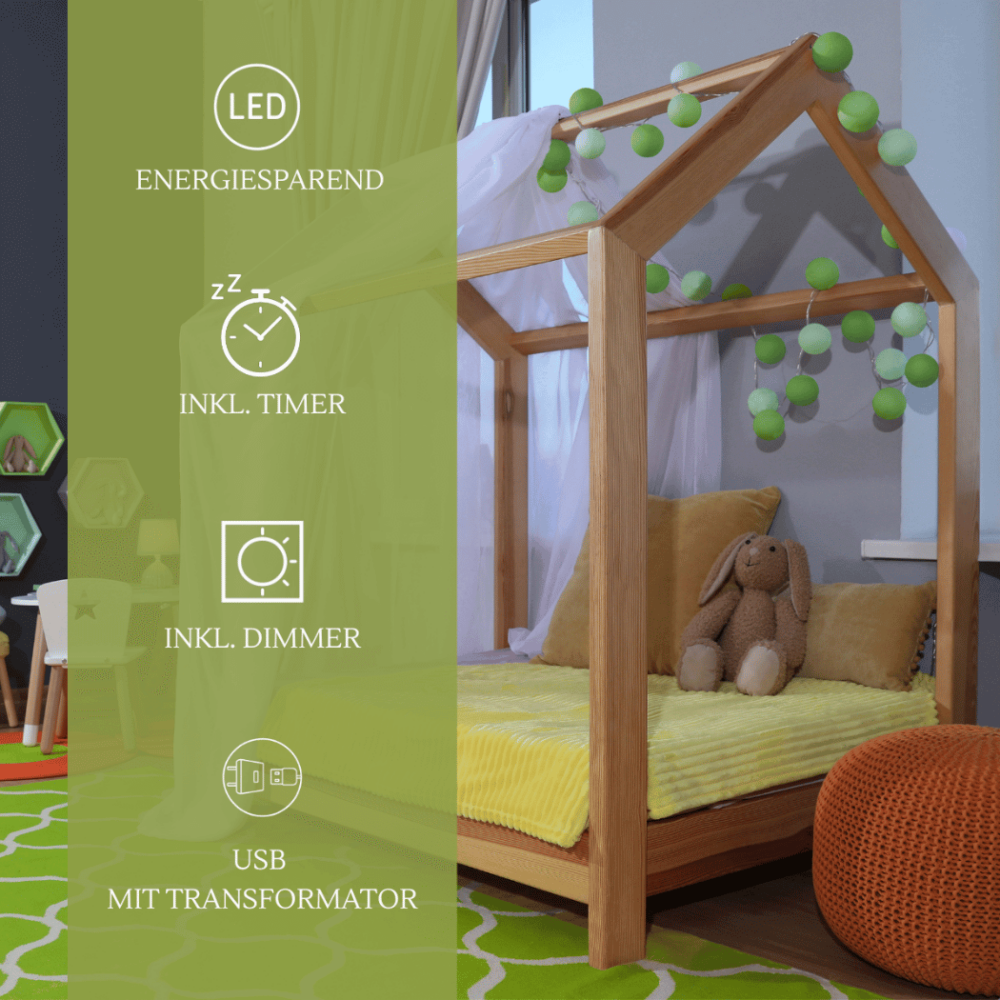 Sanfte LED Kinderzimmer-Lichterkette Blätterwald in Mintgrün und Hellgrün – warmweißes Nachtlicht mit Timer und Schalter, geeignet für Babyzimmer oder Wickeltisch