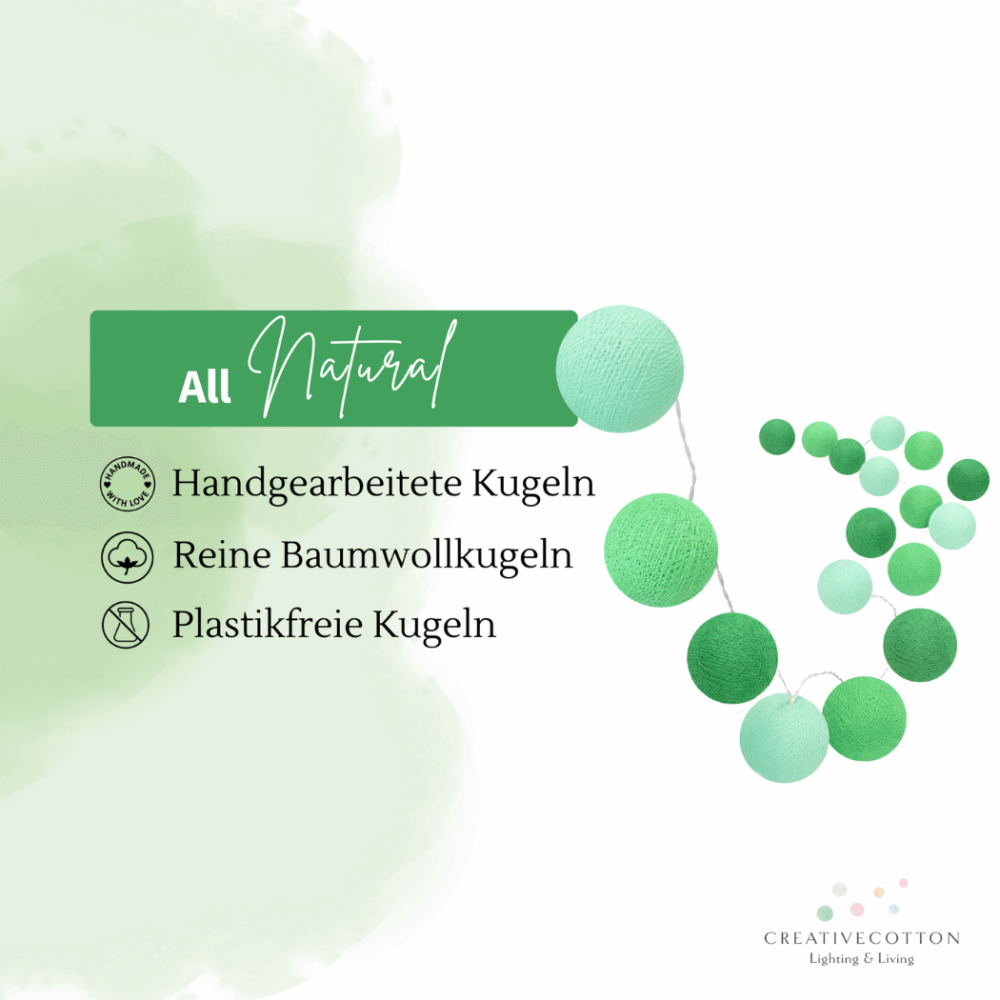 LED Lichtgirlande Blätterwald in Grün und Mint – dimmbare Baumwolllichterkette mit warmem Licht, ideal für Wohnzimmer, Wand oder als natürliche Dekoration im Schlafzimmer