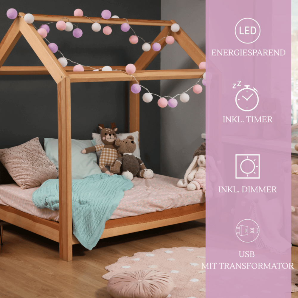 Deko LED Lichterkette Blumenwiese mit Kugeln in Weiß, Lila und Rosa – warmweißes Nachtlicht und Schlummerlicht für Kinderzimmer oder Babyzimmer.