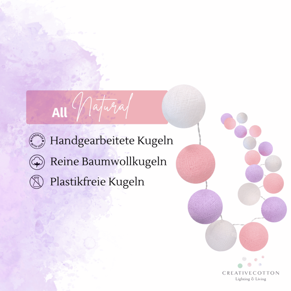 LED Lichterkette Blumenwiese mit Kugeln in Rosa, Weiß und Lila – Schlummerlicht und Nachtlicht mit USB-Anschluss für Mädchen- und Jungenzimmer.