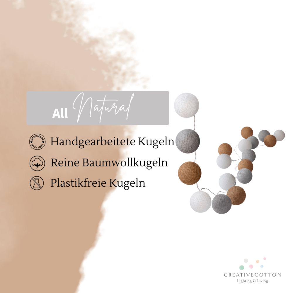 LED Kugellichterkette in Beige, Weiß und Grau – mit Schalter, weißem Kabel und warmweißem Licht, geeignet für Flur, Fensterbank oder Schlafzimmerdeko