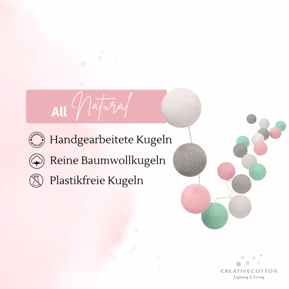 Bunte LED Kinderzimmer-Lichterkette mit Baumwollkugeln in Rosa, Mint, Grau und Weiß – warmweißes Licht mit Timer und Dimmer, USB-Stecker und weißem Kabel, perfekt für Babyzimmer, Mädchenzimmer oder über dem Bett.