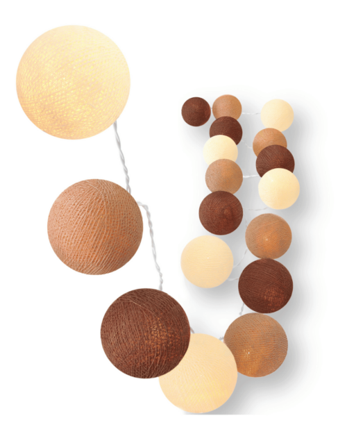LED Lichterkette mit handgearbeiteten Baumwollkugeln in Creme und Braun – dezente Lichtgirlande mit Timer, Dimmer, USB-Stecker und weißem Kabel, ideal für warme Wohnraumbeleuchtung im Schlafzimmer, Wohnzimmer oder am Fensterrahmen