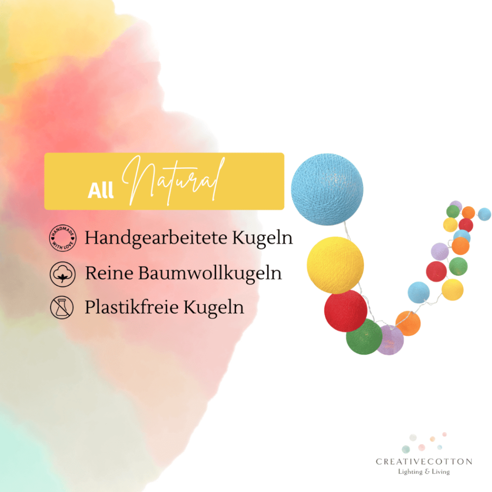 Bunte LED Kinderzimmer-Lichterkette Fiesta mit Kugeln in Rot, Blau, Grün, Gelb und Violett – warmweißes Schlummerlicht für Spielbereich oder Kinderschlafzimmer.