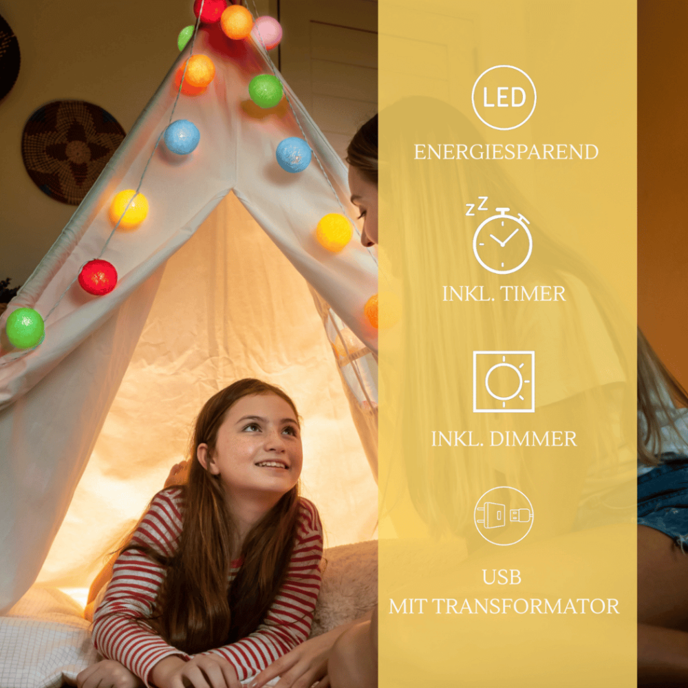 Farbenfrohe LED Lichterkette Fiesta mit Kugeln in Blau, Rot, Violett, Grün und Gelb – warmweißes Nachtlicht zur Einschlafhilfe im Kinderzimmer