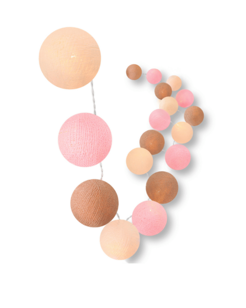 LED Lichterkette mit handgearbeiteten Baumwollkugeln in Creme, Rosa und Braun – dezente Lichtgirlande mit Timer, Dimmer, USB-Stecker und weißem Kabel, ideal für warme Wohnraumbeleuchtung im Schlafzimmer, Wohnzimmer oder am Fensterrahmen