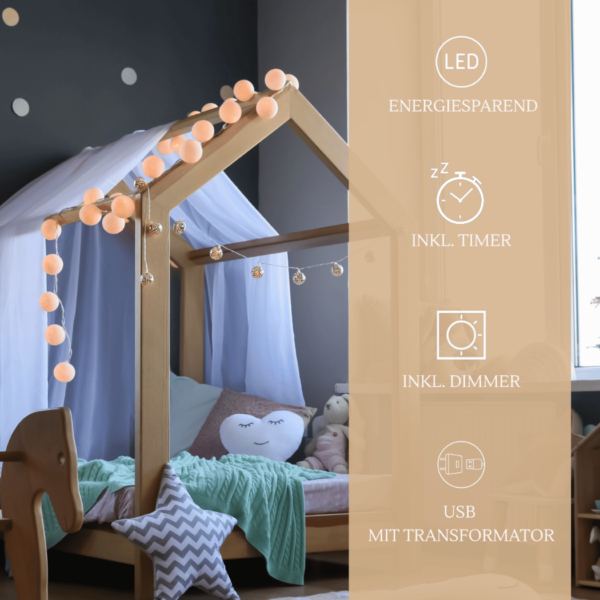 LED Lichterkette Honey mit Kugeln in Creme – Girlande mit warmweißem Licht für Wandgestaltung in Wohnzimmer und Schlafzimmer.