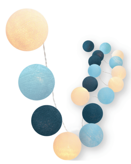 LED Lichterkette Ocean mit Kugeln in Hellblau, Dunkelblau und Creme – warmweißes Licht, strom- oder batteriebetrieben, ideal als Schlummerlicht und Nachtlicht für Kinderzimmer und Babyzimmer