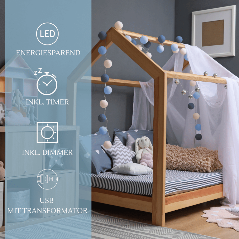 LED Lichtgirlande Ocean mit Kugeln in Blau und Creme – warmweißes Licht, strom- oder batteriebetrieben, ideal für Schlafzimmer oder Kinderzimmer.
