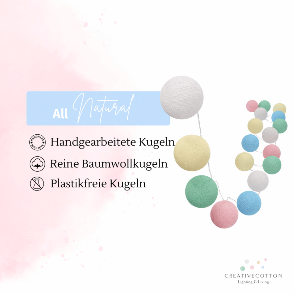 Bunte LED Kugellichterkette in Pastellrosa, Blau und Grün – mit Powerbank nutzbar, warmweißes Licht und weißem Kabel, perfekt für Kinderzimmer oder Spielzelt.