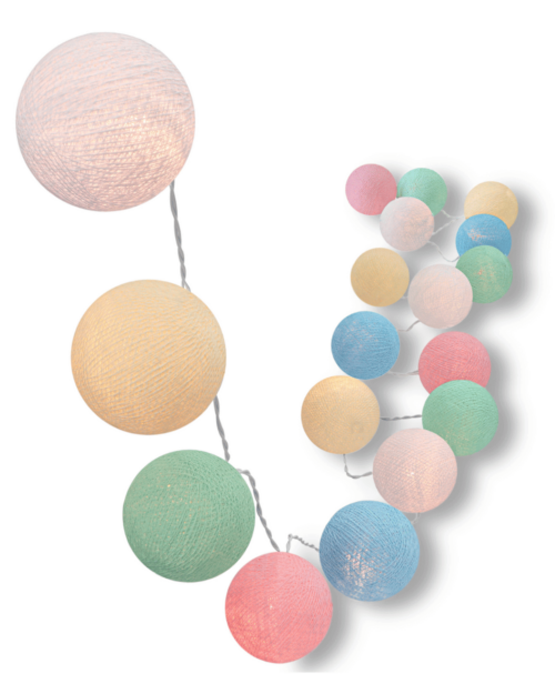 Pastellfarbene LED Dekolichterkette mit Kugeln in Rosa, Blau und Grün – mit Timer, warmweißem Licht und USB-Anschluss, ideal für Babyzimmer oder als ruhige Fensterdeko