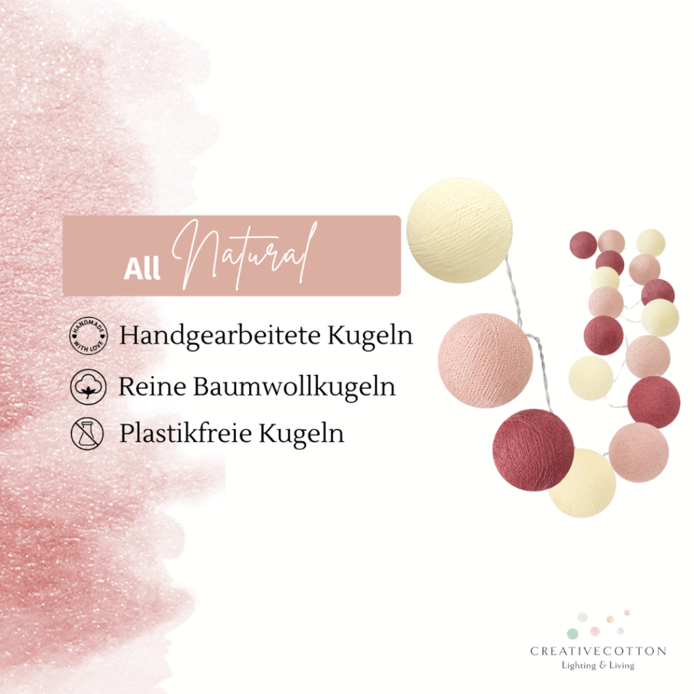 LED Lichterkette Rosengarten mit Kugeln in Creme, Altrosa und Nude – batteriebetrieben oder strombetrieben, warmweißes Licht für entspannte Abendbeleuchtung in Schlafzimmer und Wohnzimmer.