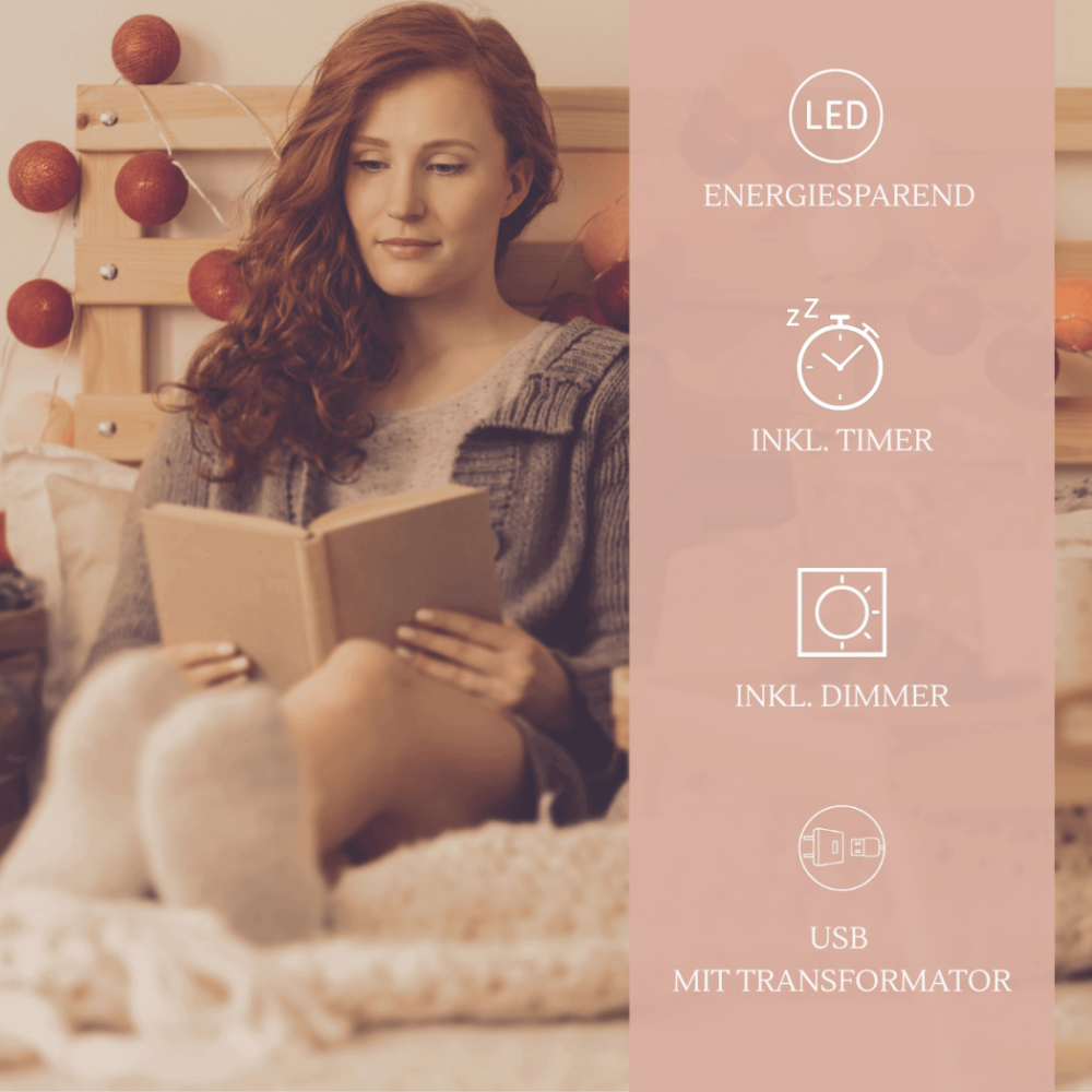 LED Lichtgirlande Rosengarten mit Kugeln in Nude, Old Rose und Creme – Strom- oder Batteriebetrieb, ideal für Fenster, Regal oder als Lichtakzent im Wohnzimmer und Schlafzimmer.