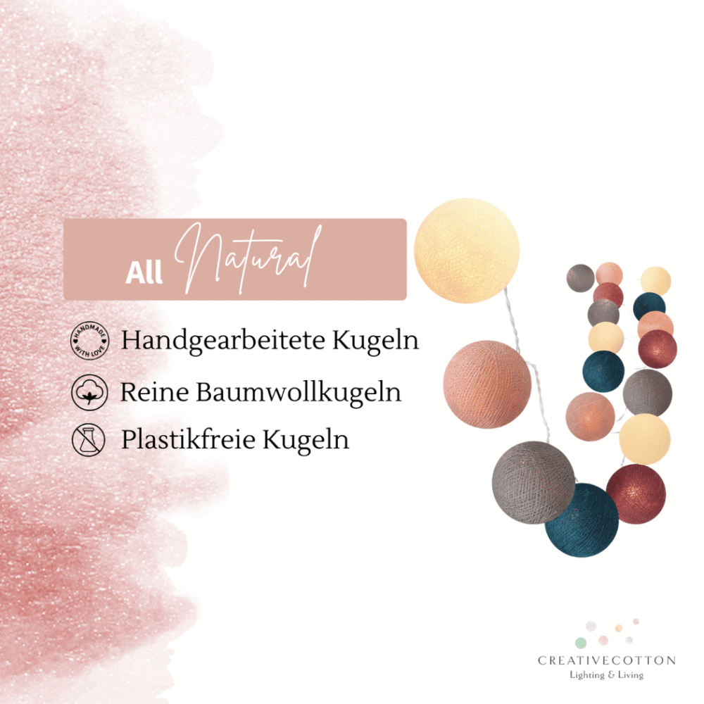 LED Cotton Ball Lichtergirlande in dezenten Farben wie Dunkelblau, Altrosa, Creme und Grau, mit warmweißem Licht, USB-Stecker und Netzbetrieb – ideal als Wohnaccessoire für Bett, Wand oder Fensterrahmen