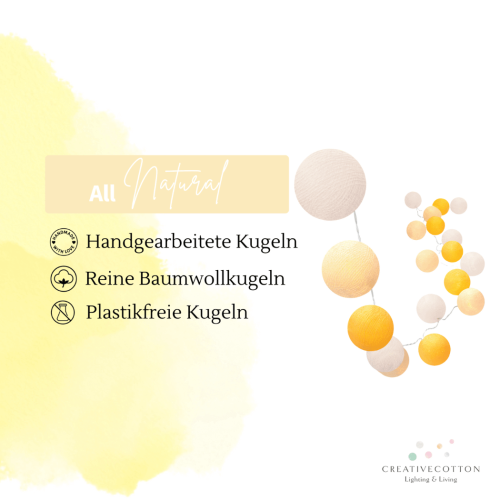 LED Dekolichterkette Sommerbrise mit Baumwollkugeln in Gelb, Creme und Weiß – warmes Nachtlicht für Babyzimmer und Kinderzimmer oder Wickelbereich, mit Timer und Schalter.