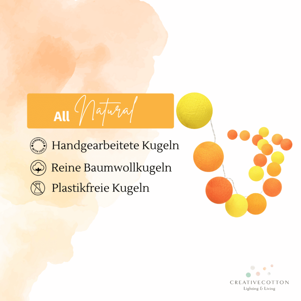 Lichterkette Sunrise mit gelben und orangen Cotton Ball Lights – warmweiß, ideales Deko-Highlight für Party, Geburtstag oder Esstisch