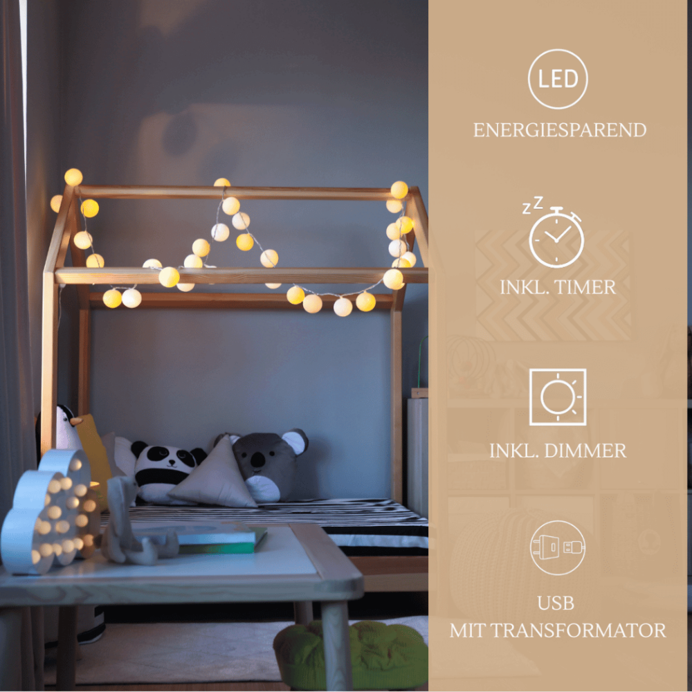 Innenraum-Lichterkette Sommerbrise mit LED-Kugeln in Weiß, Creme und Hellgelb – ideal für Spielbereich oder Kinderzimmerdeko mit warmem Licht und USB-Betrieb
