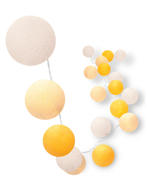 Helle LED Lichterkette Sommerbrise mit Kugeln in Weiß, Creme und Gelb – warmweißes Licht, USB-Anschluss, ideal für Kinderzimmer und Babyzimmer oder als Fensterdeko im Wohnzimmer.