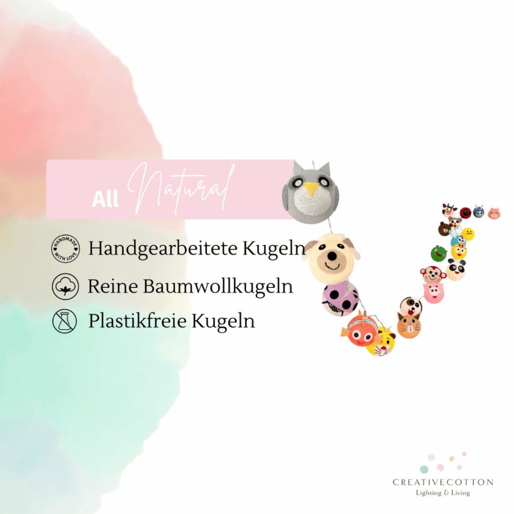 LED Lichterkette mit Tiermotiven, warmweiß & bunt – Einschlafhilfe am Fensterrahmen oder über der Wickelkommode im Babyzimmer/Kinderzimmer.