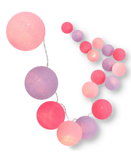 LED Kinderzimmer-Lichterkette mit Kugeln in Rosa, Lila und Pink – warmweißes Licht, dimmbar, mit Timer und USB-Stecker, ideal als farbenfrohe Dekoration im Mädchenzimmer und Jungenzimmer.