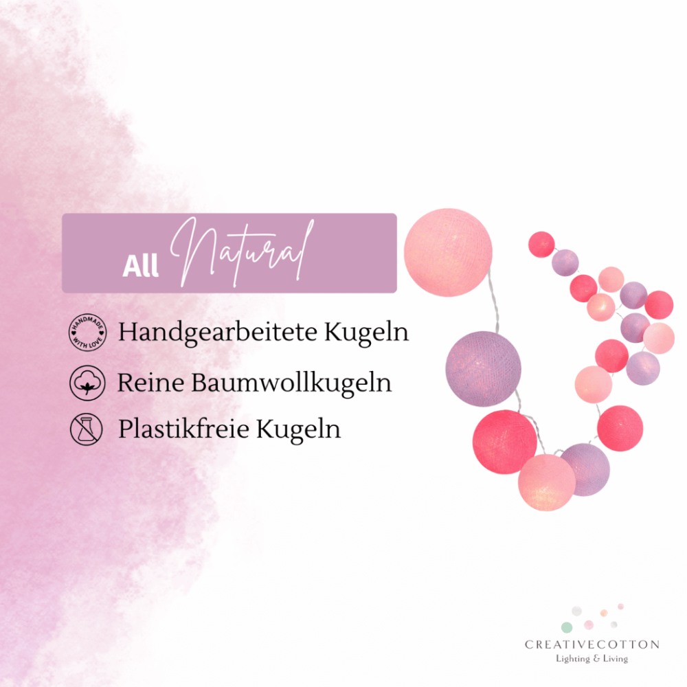 LED Kinderzimmer-Lichterkette mit Kugeln in Rosa, Lila und Pink – warmweißes Licht, dimmbar, mit Timer und USB-Stecker, ideal als farbenfrohe Dekoration im Mädchenzimmer und Jungenzimmer.