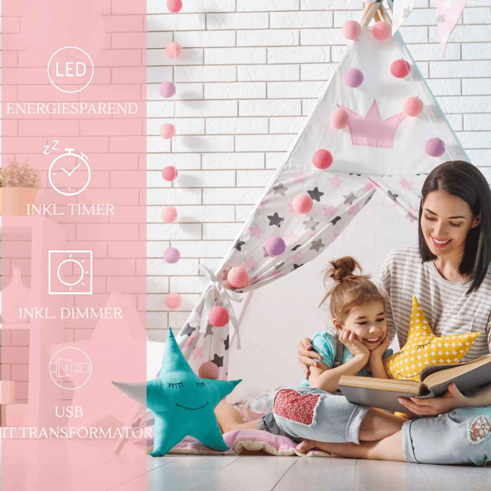 Sanfte LED Lichtergirlande mit Baumwollkugeln in Pink, Violett und Rosa – warmweißes Licht, mit Schalter und Timer, perfekt für das Babyzimmer oder den Wickelplatz