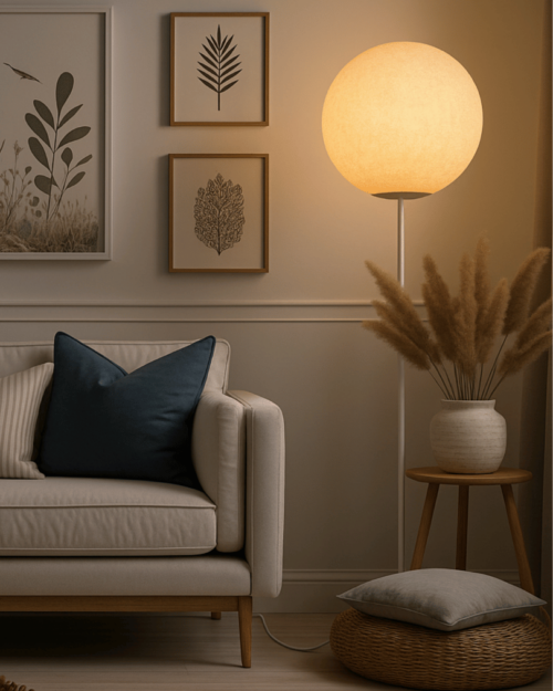 Stehlampe mit handgefertigter Baumwoll-Kugel, LED warmweiß; schlanker weißer Standfuß neben Sofa – gemütliche Ambientebeleuchtung fürs Wohnzimmer im Scandi/Boho-Look.