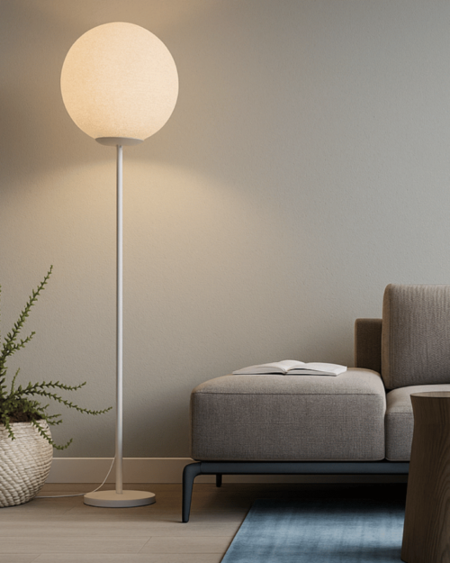 Stehlampe mit handgefertigter Baumwoll-Kugel, LED warmweiß; schlanker weißer Standfuß neben Sofa – gemütliche Ambientebeleuchtung fürs Wohnzimmer im Scandi/Boho-Look.