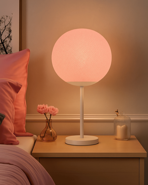 Rosafarbene Tischlampe mit handgefertigter Baumwoll-Kugel auf weißem Standfuß; warmweißes, blendfreies LED-Licht auf dem Nachttisch im Schlafzimmer oder Kinderzimmer.