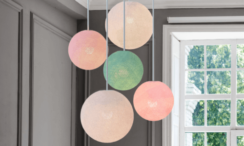 CREATIVECOTTON LED Pendant Light with five handcrafted cotton balls 'Butterfly' featuring the colours White, Pink and Mint