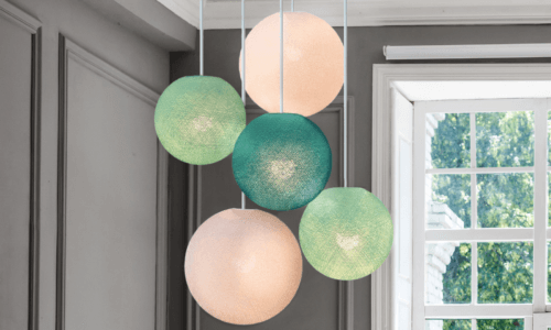 CREATIVECOTTON LED Pendant Light with five handcrafted cotton balls 'Aqua' featuring the colours White, Mint and Aqua