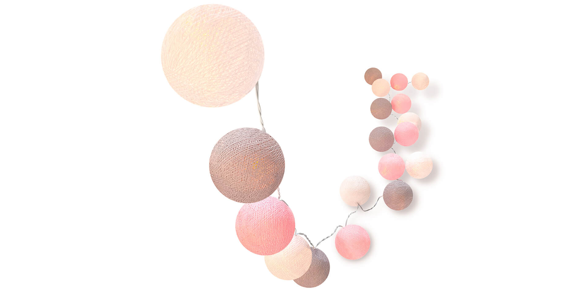 Handgearbeitete LED Lichterkette mit Kugeln aus Baumwolle. Cotton Ball Lights in Weiß, Grau und Rosa.