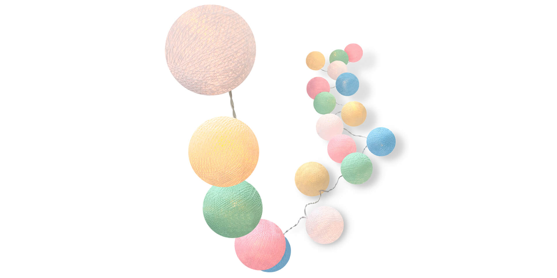 Handgearbeitete LED Lichterkette mit Kugeln aus Baumwolle. Cotton Ball Lights in Weiß, Rosa, Creme, Mint und Blau.