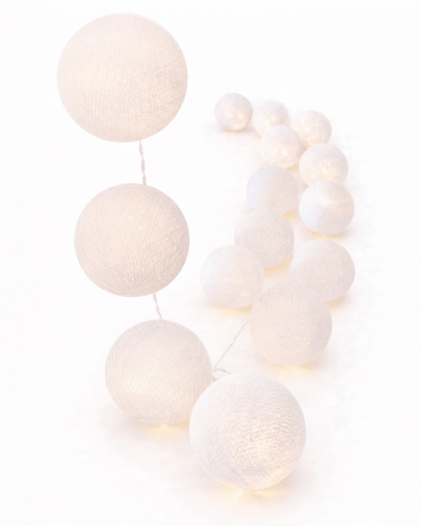 LED Lichterkette Kugeln weiß warm Babyzimmer Kinderzimmer Wohnzimmer Schlafzimmer gemütlich Mädchen Junge Jungenzimmer Batterie- und Strombetriebene LED Lichterkette White Edition mit weißen Kugeln – warmweißes Licht im skandinavischen Stil für Schlafzimmer oder Dachschräge