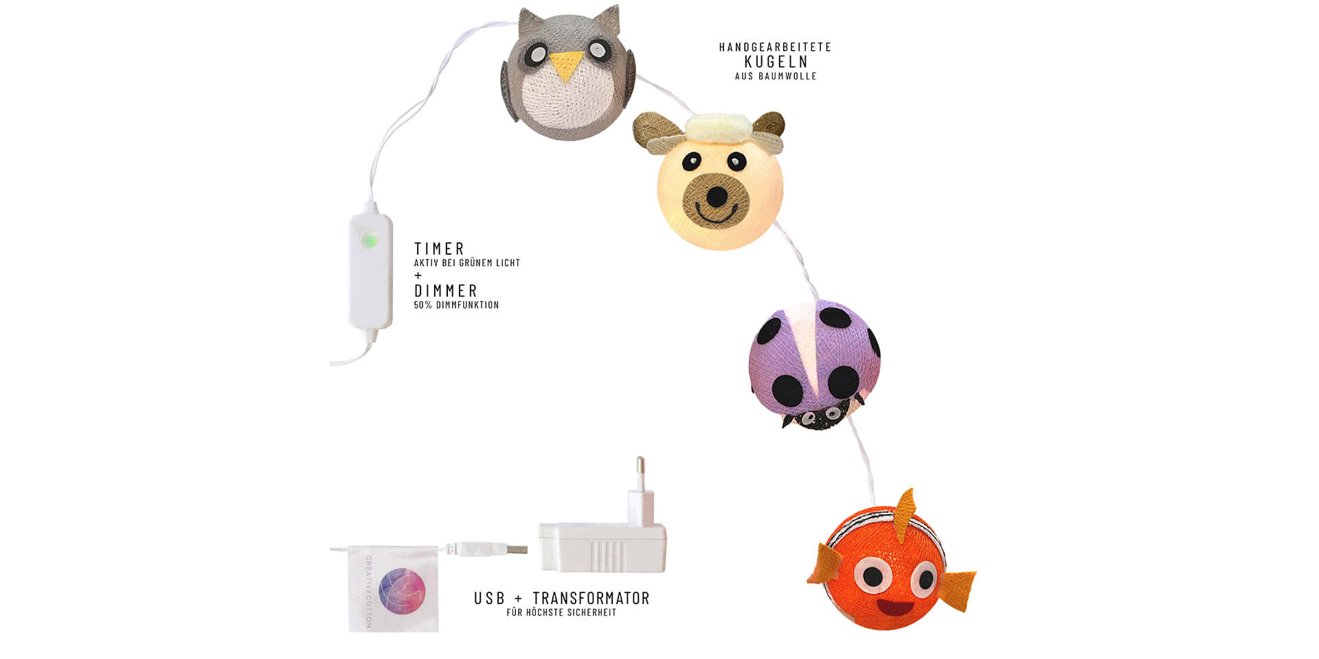 Übersicht der LED Lichterkette mit bunten Tieren inklusive Timer und Dimmer
