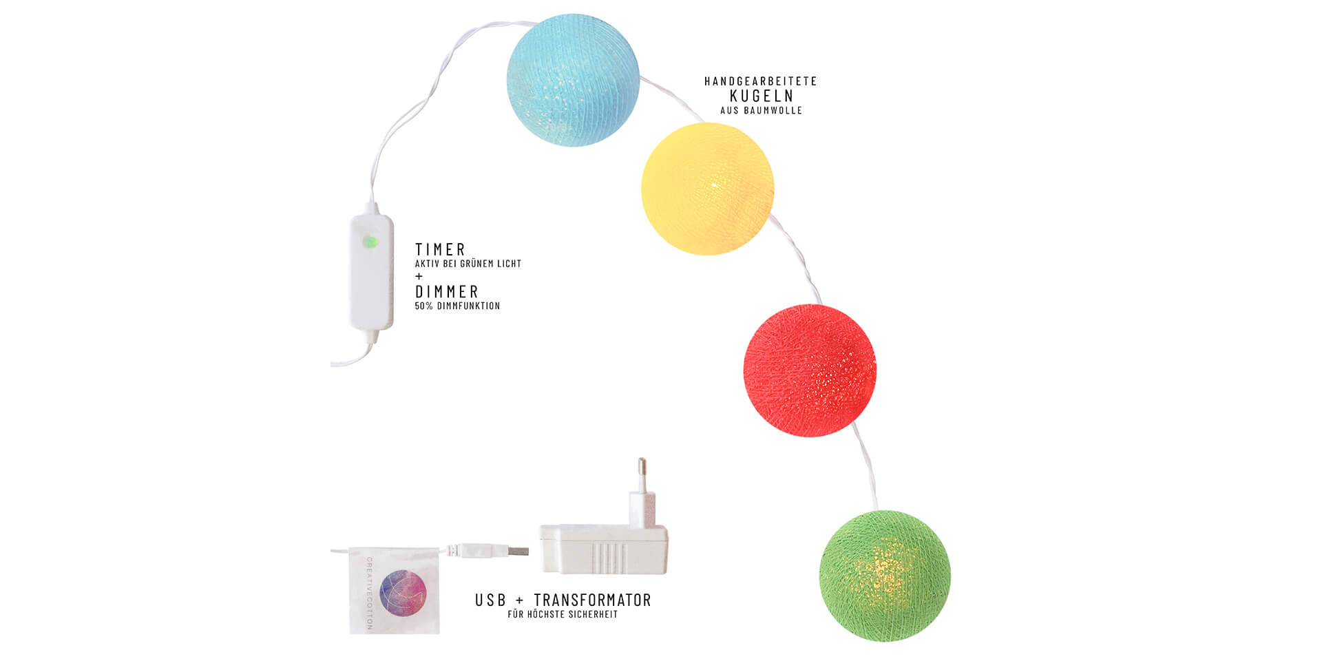 Übersicht der LED Lichterkette mit Timer und Dimmer in Blau, Gelb, Rot, Grün und Orange.