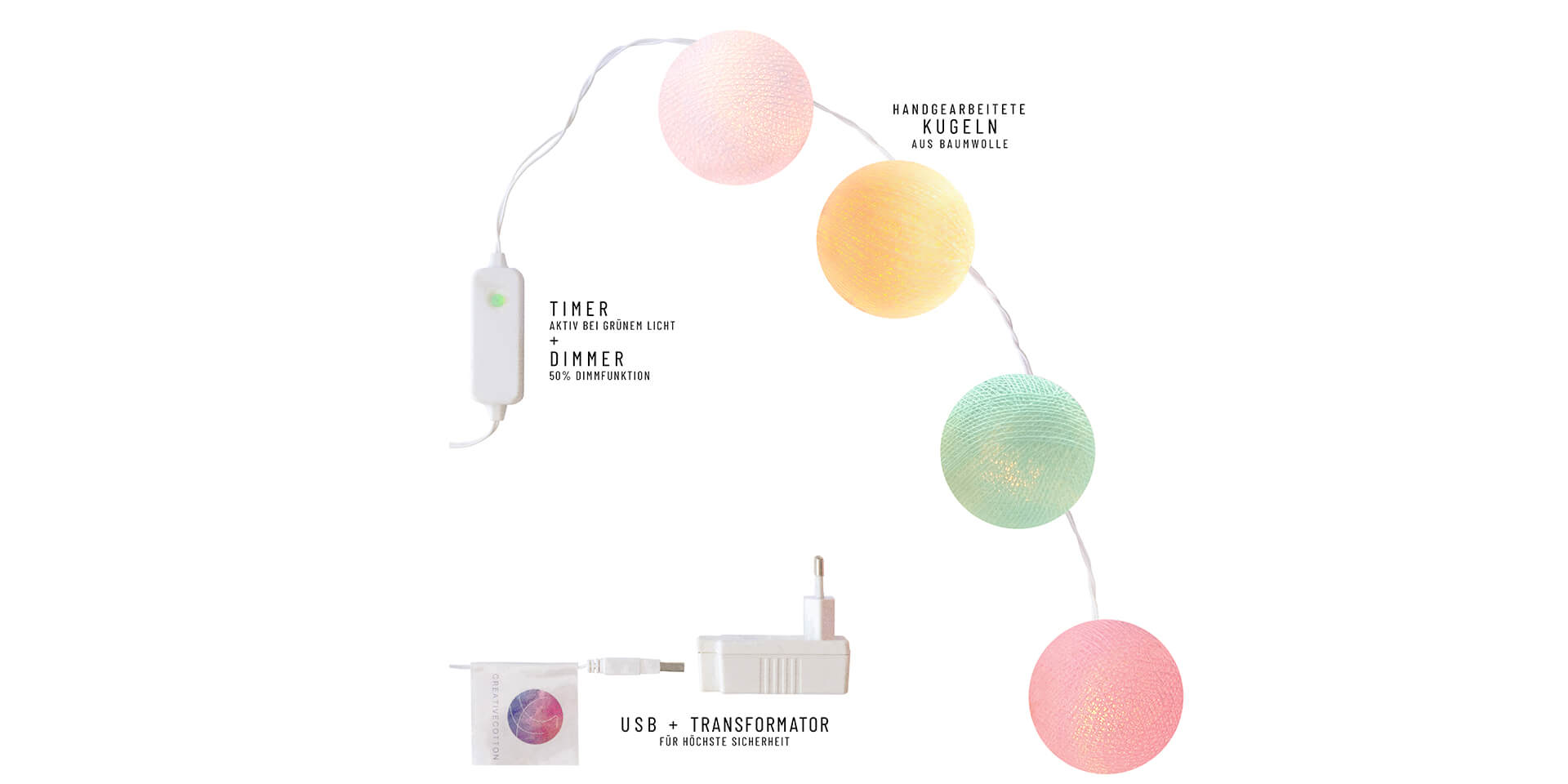 Übersicht der LED Lichterkette mit Timer und Dimmer in Rosa, Weiß und Creme und Mint.