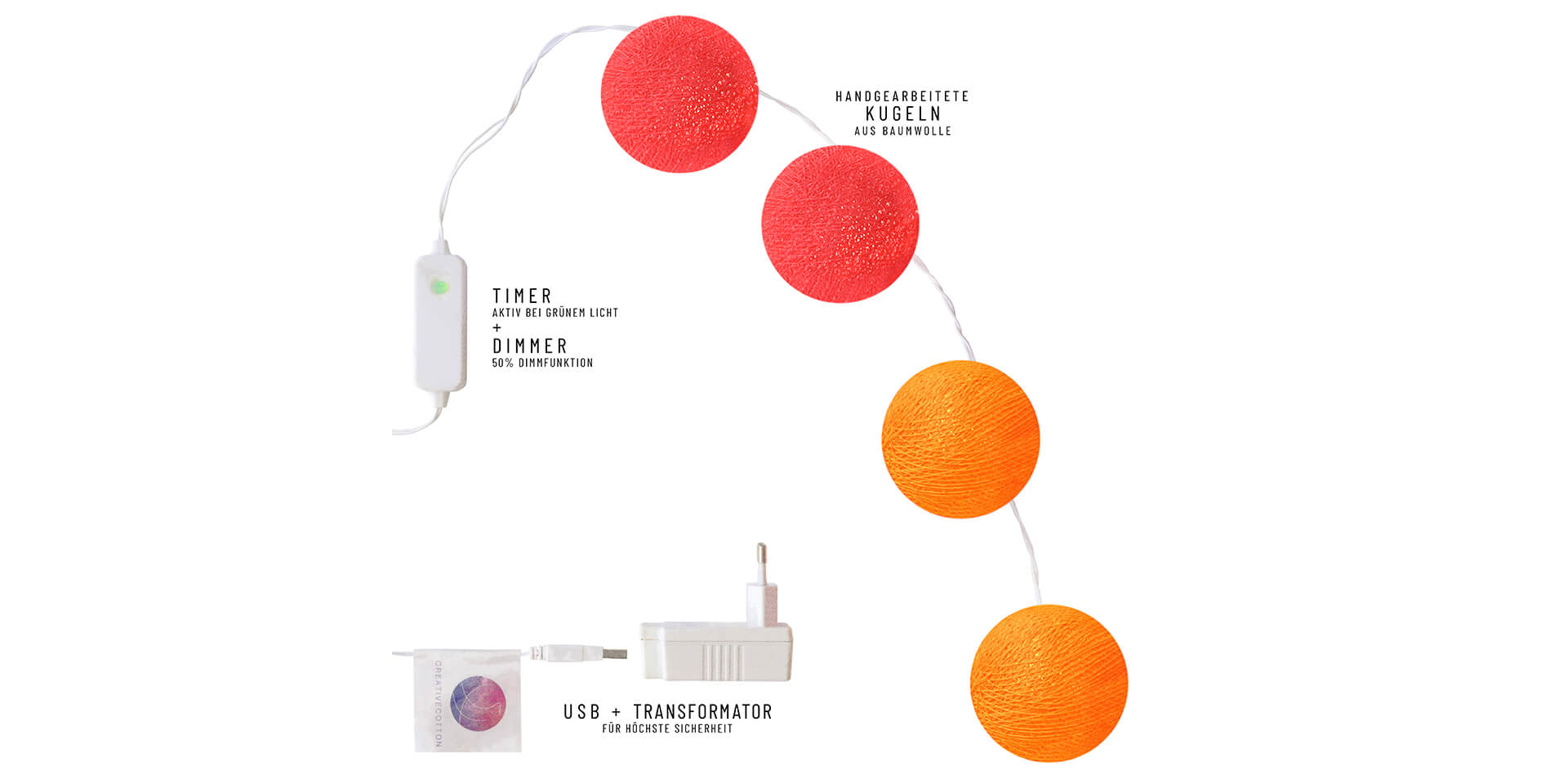 Übersicht der LED Lichterkette mit Timer und Dimmer in Farben des Regenbogens.